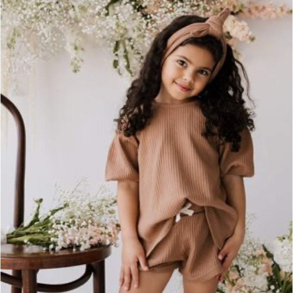 *3pcSET* Scarlett Puff Sleeve Waffle Organic Top, Shorts & Headband